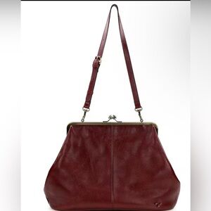 Patricia Nash Serfina Oversized Kiss Lock Leather Satchel Bag. Ox Blood.
